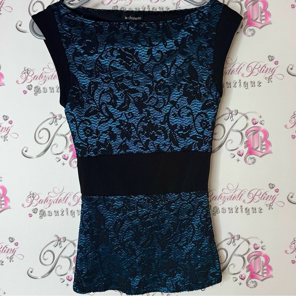 Le Chateau tank top shimmer shiny Lacie Blue Lace Top formal luxe shirt blouse